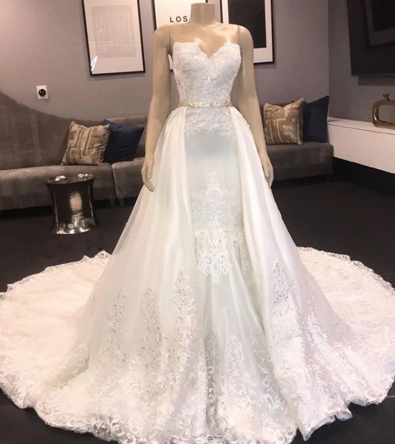 تخصيص شيك الحبيب حورية البحر فستان الزفاف 2024 طويل الدانتيل انفصال قطار زي العرائس خمر Vestidos De Novia Mariage