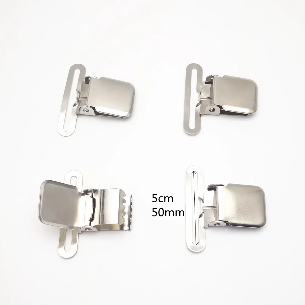 Unisex Metal Silver Suspender Clip, Adulto, Comum, Grande, Forte Fechamento, Antiderrapante, DIY, 50mm, 4Pcs, Lot