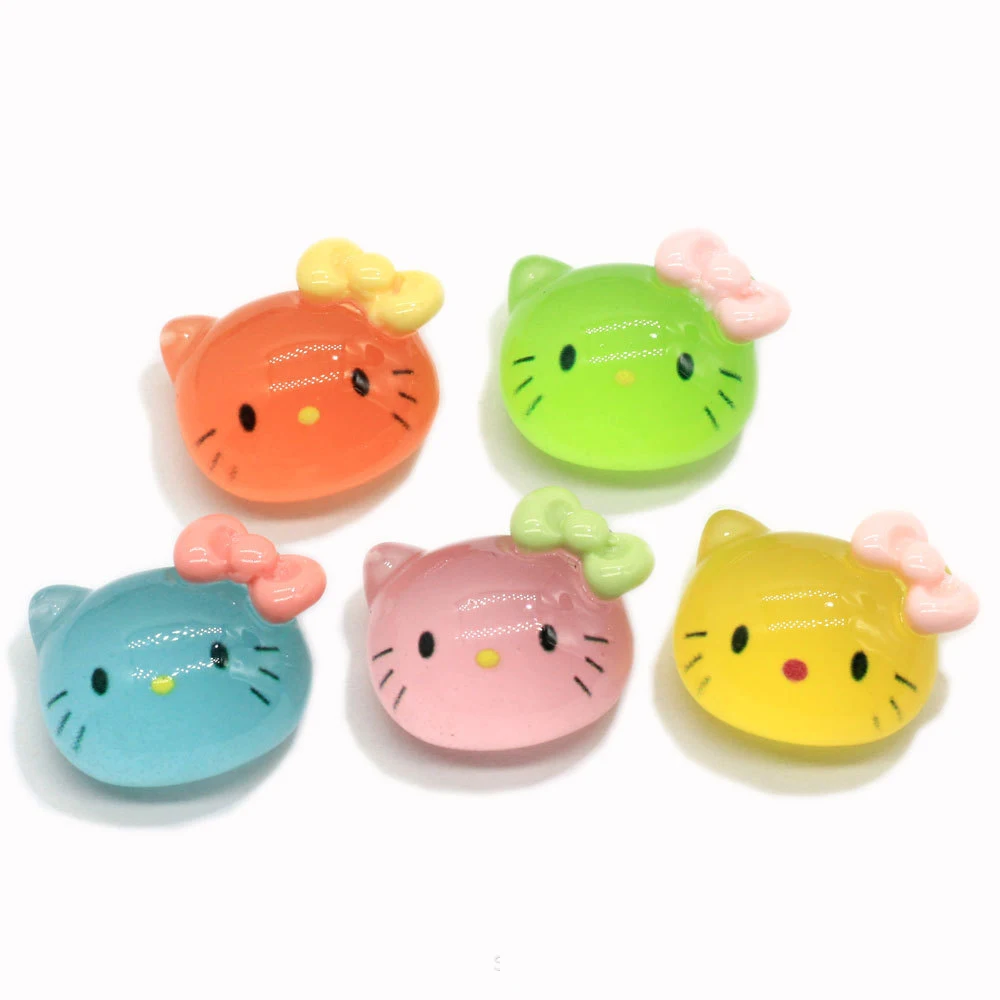 100pcs 20MM Mixed Color Luminous Resin Kitten Head Charm Cute Kitty Flat Back Cabochon DIY Crafts Accessories Decoration