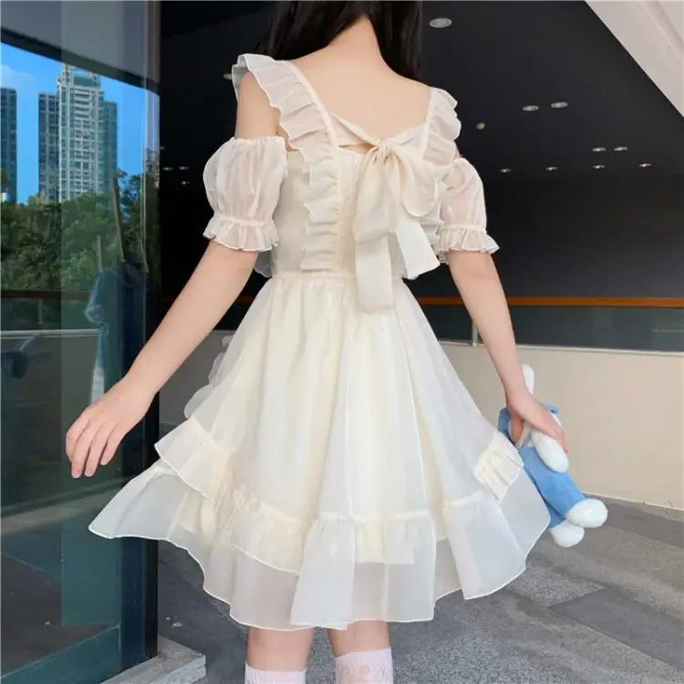 Summer Women Chiffon Fairy Dress Japanese Kawaii Bow Sundress Off Shoulder Ruffle Strap Puff Sleeve Princess Short Mesh Dresses