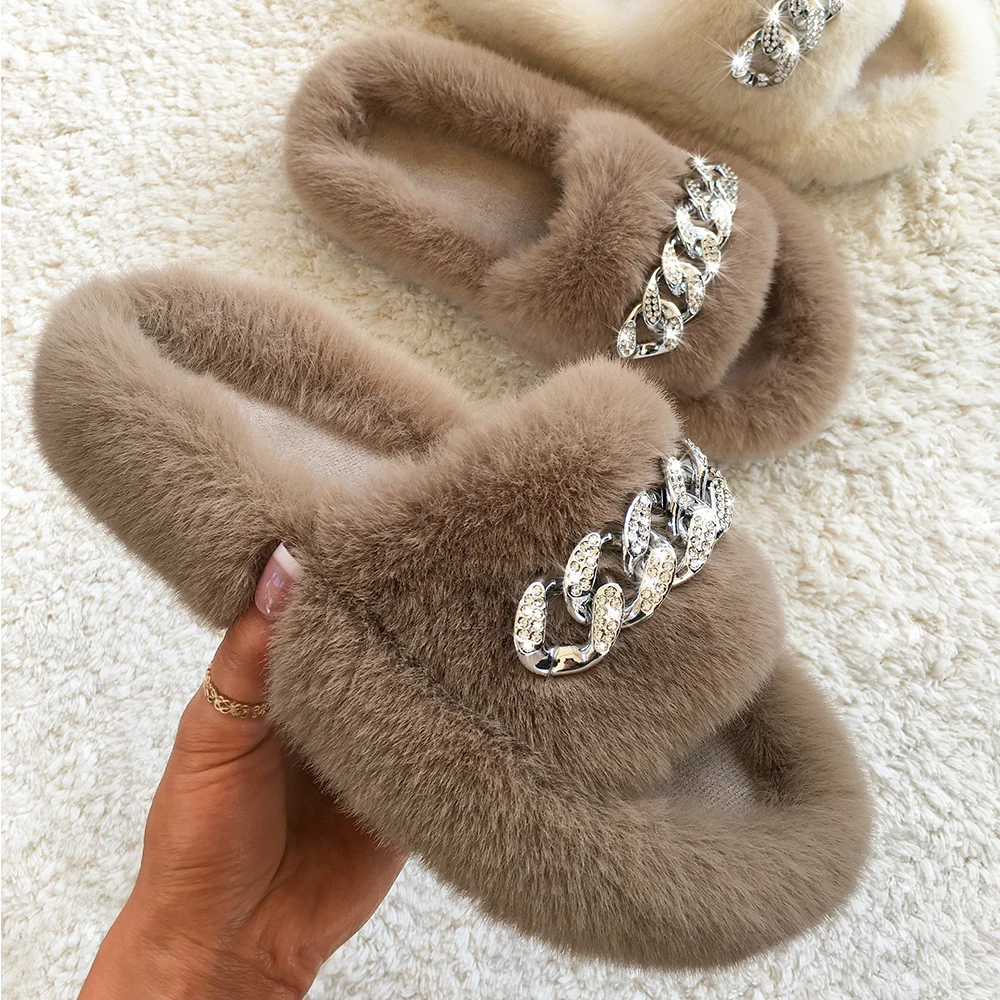 Women Sandals Fluffy Slippers Luxury Designer Crystal Butterfly Furry Slides Ladies Flip Flops Outdoor Slippers Brand Shoes 2022