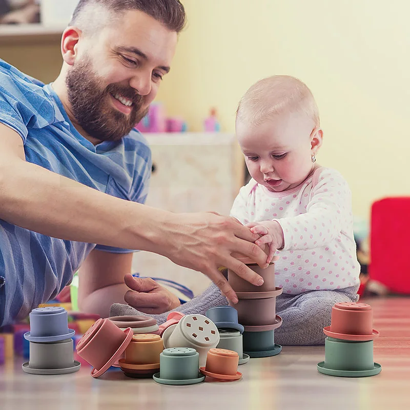 Baby Silikon Stapeln Tasse Bunte Intelligenz Geschenk Klapp Turm Spielzeug Montessori Pädagogisches Spielzeug Säuglingsbad Spielen Wasser Set – Detail 14