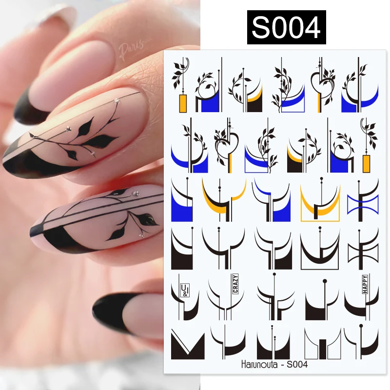 Harunouta Blooming Ink Marble 3D Nail Sticker Decals Leaves Heart Transfer Nail Sliders Abstract Geometric Line Nail Water Decal