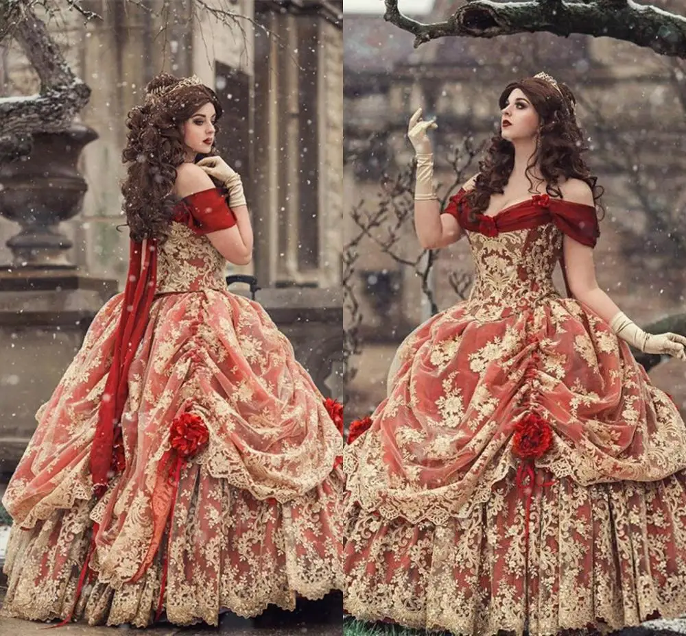 Vestidos góticos de baile vintage vermelho e dourado Medieval, Camisola vitoriana, Traje de Halloween, Vestido de noite medieval renascentista