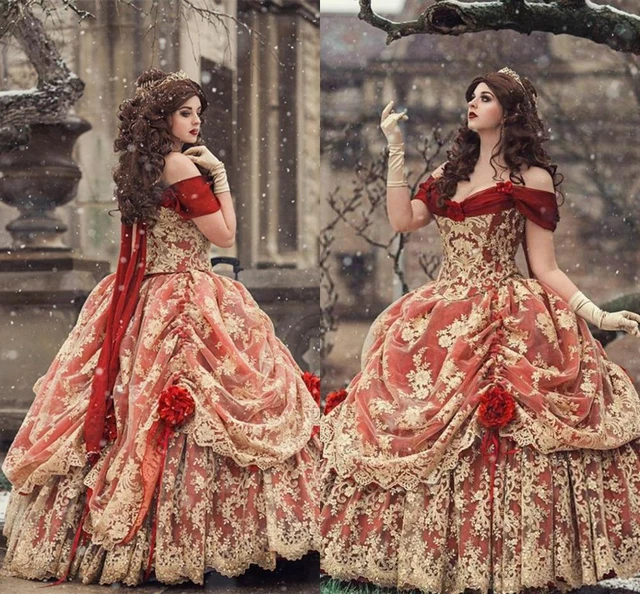 Gothic Prom Dresses Vintage red gold Medieval Ball Gown Victorian  Nightdress Halloween Costume Medival Renaissance Evening