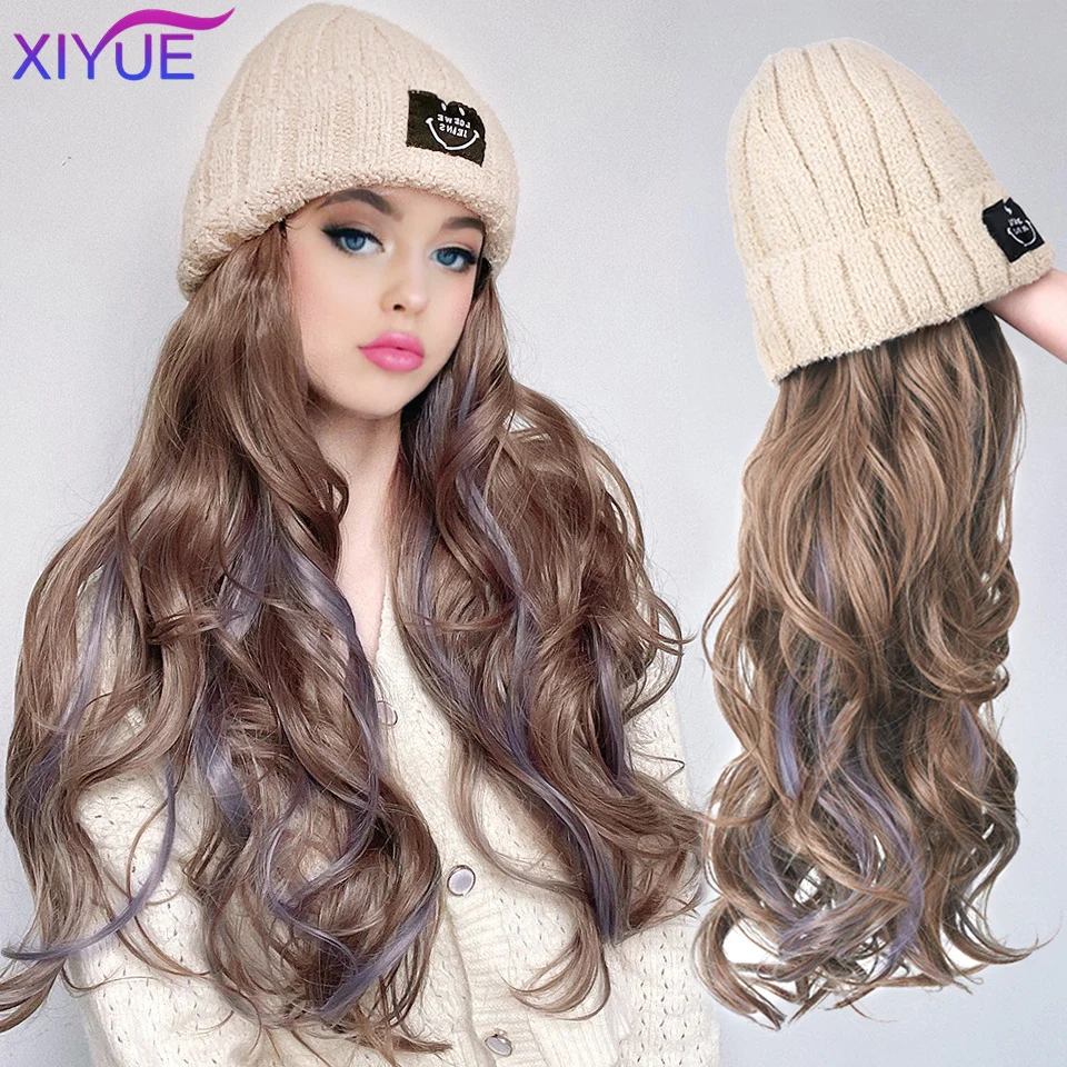 

XIYUE Beanies Hat With Hair Wigs For Women 24 inch Long Straight Hair Synthetic Wig Warm Soft Ski Knitted Autumn Winter Cap