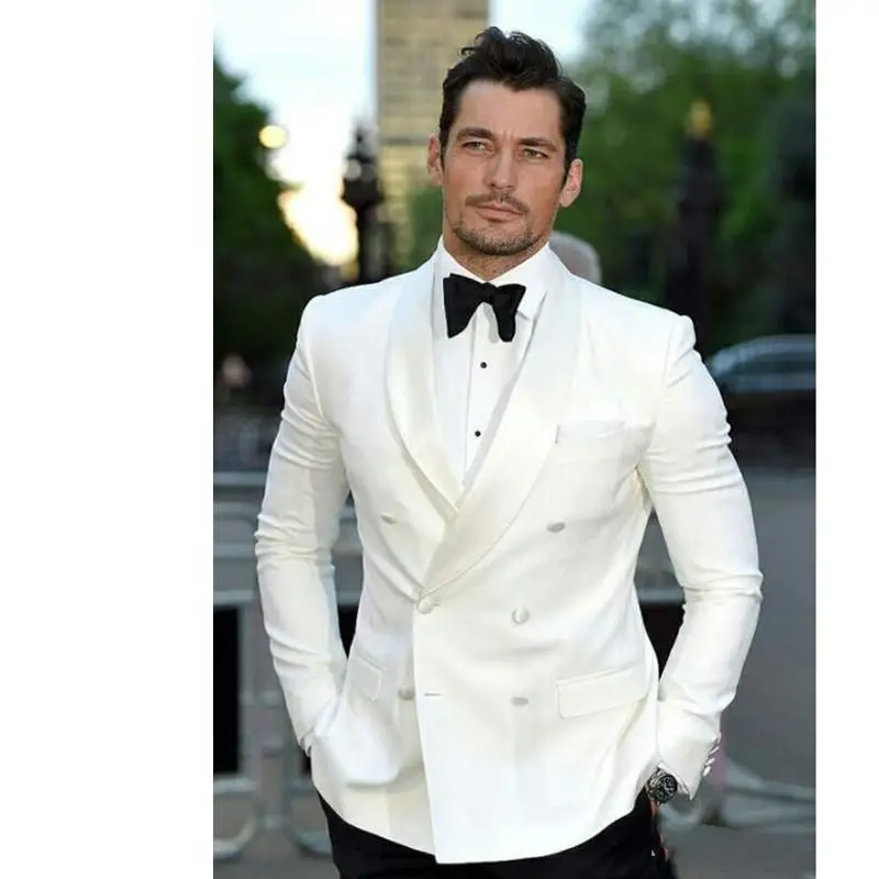 

Classic Ivory Mens Suits Groom Tuxedos Groomsmen Wedding Party Dinner Double Breasted Best Man Suits (Jacket+Pants+BowTie)