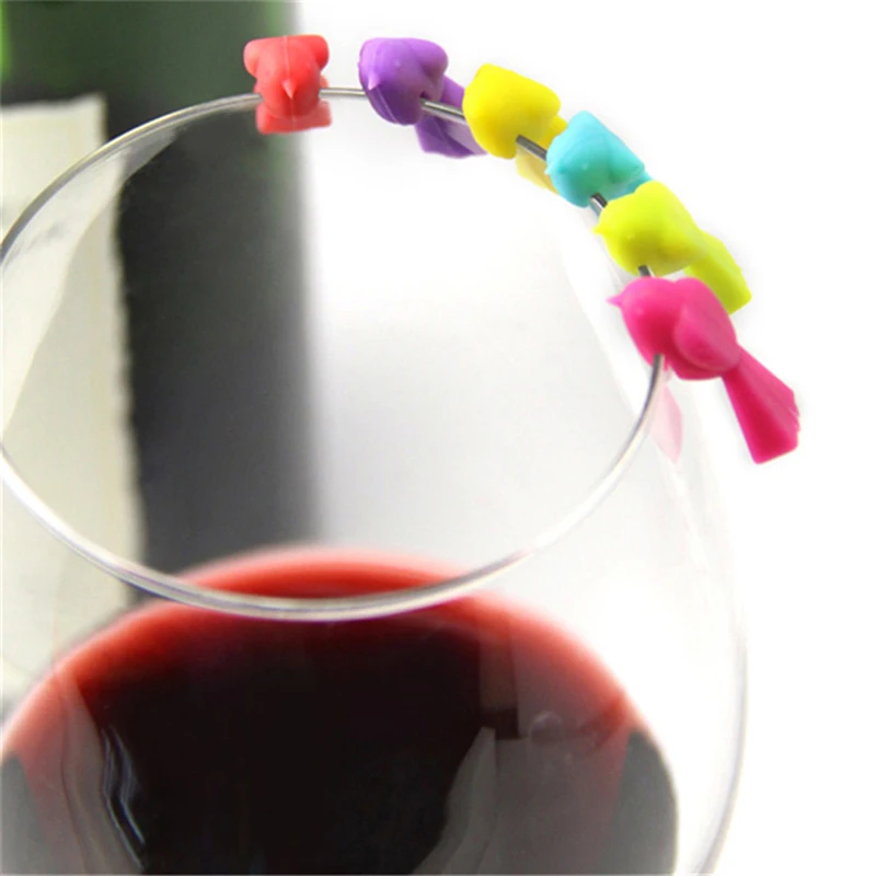 6PCS pennarelli per bicchieri da vino a forma di uccello multicolore identificatore per tazza segno segno forniture per feste in Silicone per uso alimentare Charms per bevande
