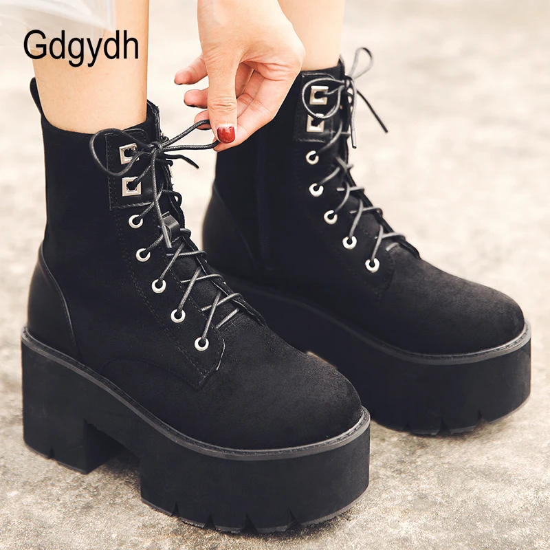 Gdgydh Lace Up Combat Boots Chunky Heel Autumn Punk Black Platform Boots Women Winter Rave Shoes Plush Inside Suede Leather