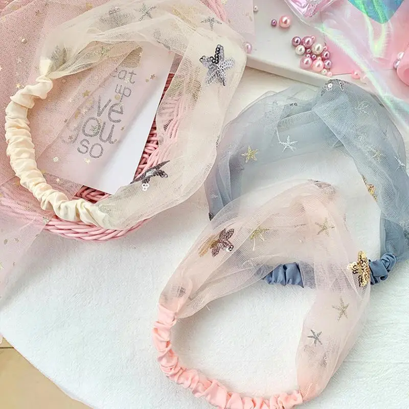 1pc Children Fashion Lace Turban Headband Cute Sequin Star Decor Gauze Headband For Girl Hair Accessories For Party Dress Up