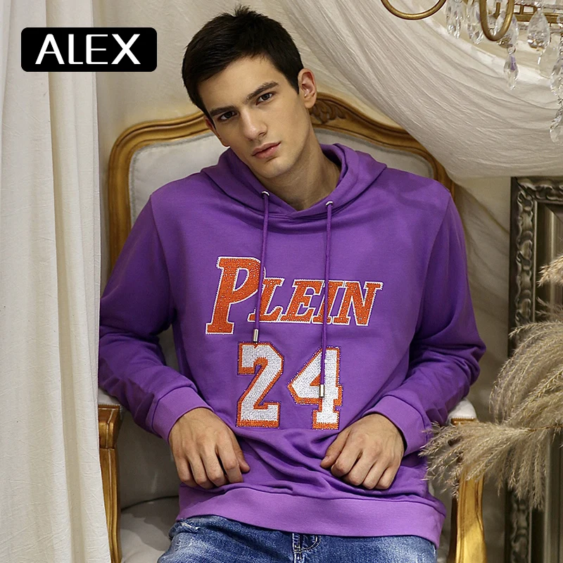 

Alex Plein Man Hoodies Purple Snake Rhinestones Sweatshirt Men 100% Cotton Oversized One Piece Sweetwear Sports Winter Fashion