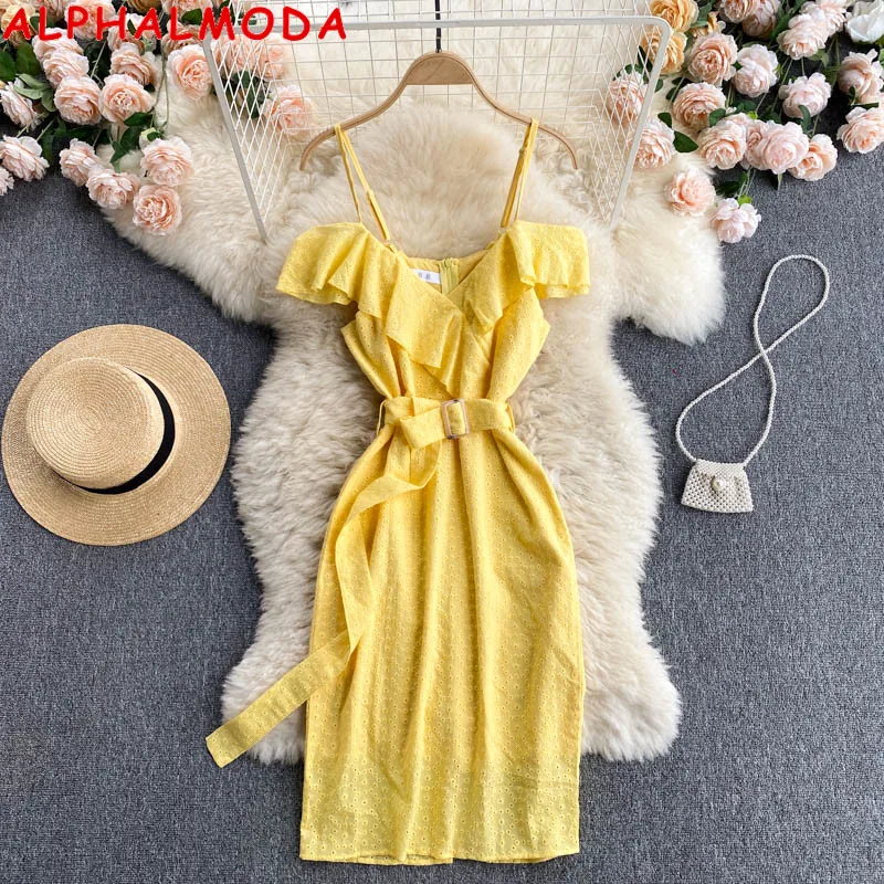 

ALPHALMODA 2021 Summer Sweet Ruffle Slim Dress Women's Belted Sleeveless Embroidery Cotton Dress Solid Trendy Holiday Dress