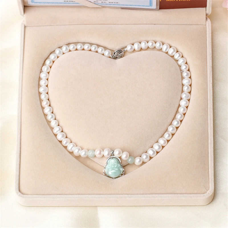 

HABITOO Women's Beauty 925 Silver Jade Buddha Pendant 7-8mm White Freshwater Pearl Necklace 18inches Jewelry Lucky Gifts