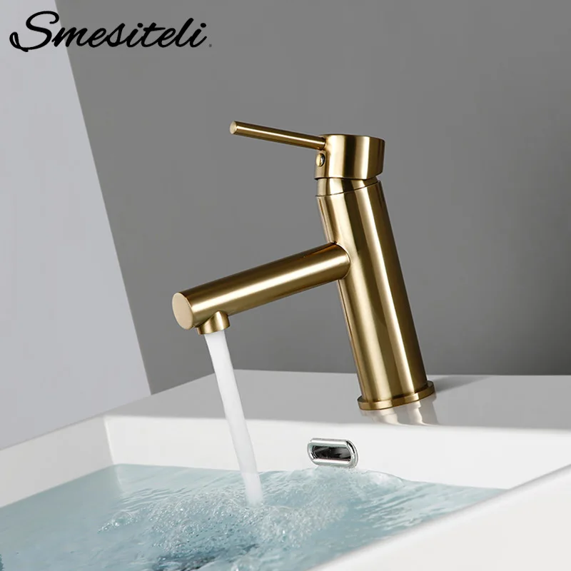 Smesiteli Wholesale Bathroom Faucet Brushed Gold Deck Mounted Single Hole Single Handle Hot And Cold  Washbasin Faucet