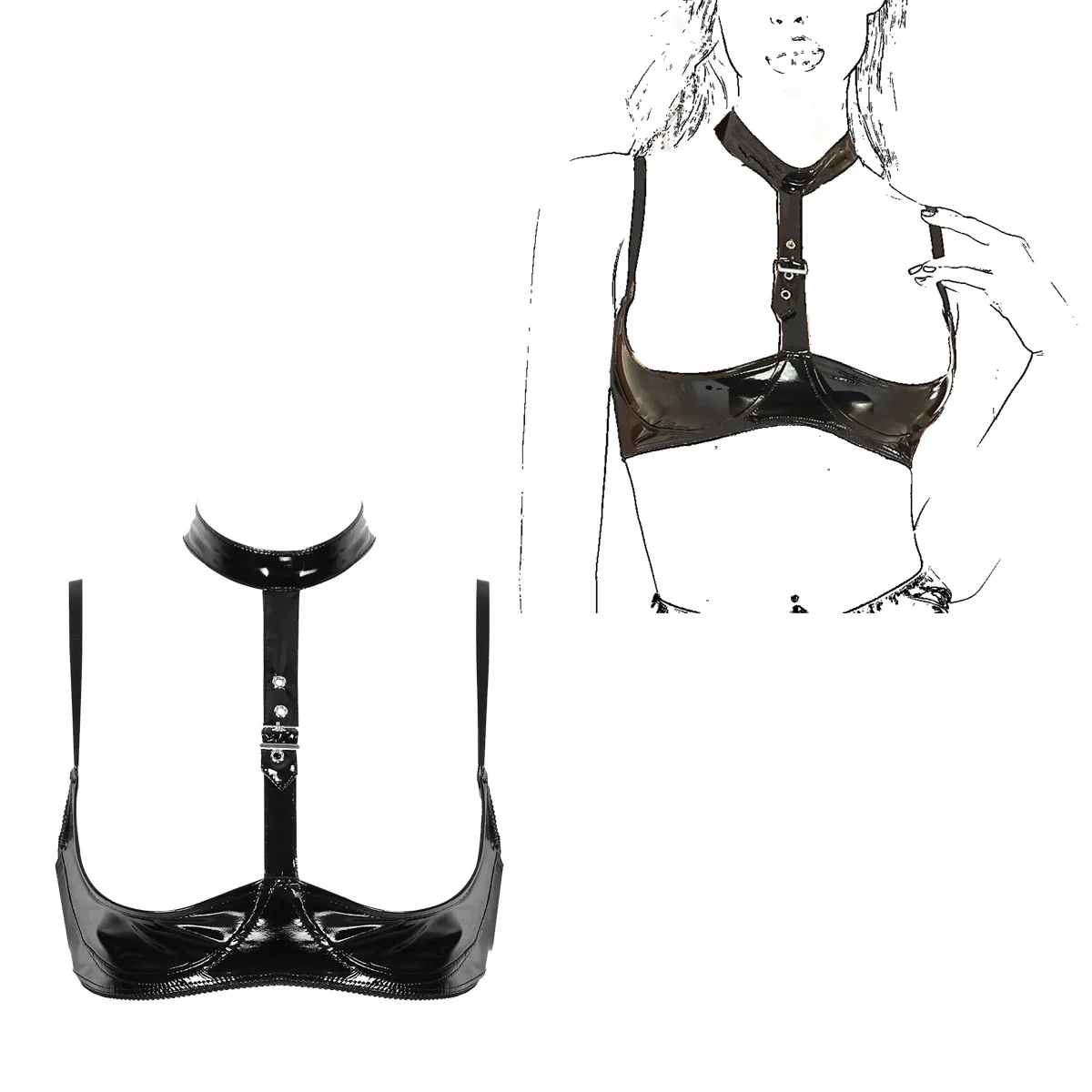 Mulheres Couro de Patente Lingerie Conjunto, Fivela Halter Top, Látex Sem Fio Aberto Copo Sutiã, Seios expostos Bralette, Preto, Wetlook