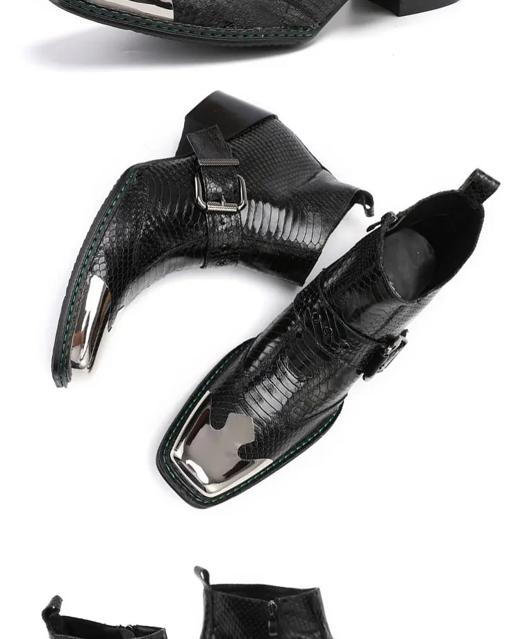 Men's Cowhide Serpentine Print Metal Decor Pointed Toe Belt High‑Heel Short Boots Western Cowboy Boots For Stage Show Party