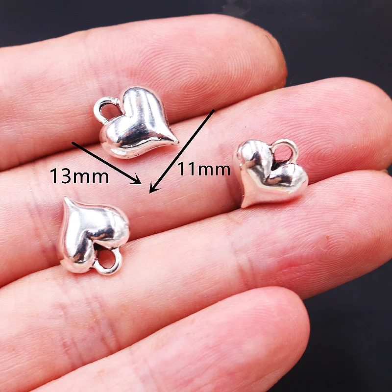 30pcs Silver Plated 3D Heart Pendants Retro Bracelet Necklace Metal Accessories DIY Charm Jewelry Crafts Making 13*11mm A135