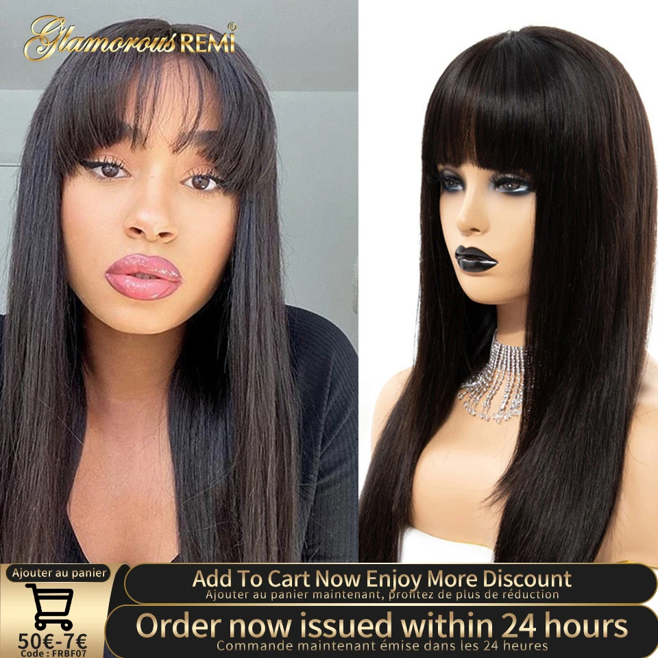 Straight Human Hair Wig Natural Color Glueless Brazilian Straight Wig With Bang Machine Made Human Hair Wig For Women Human Hair