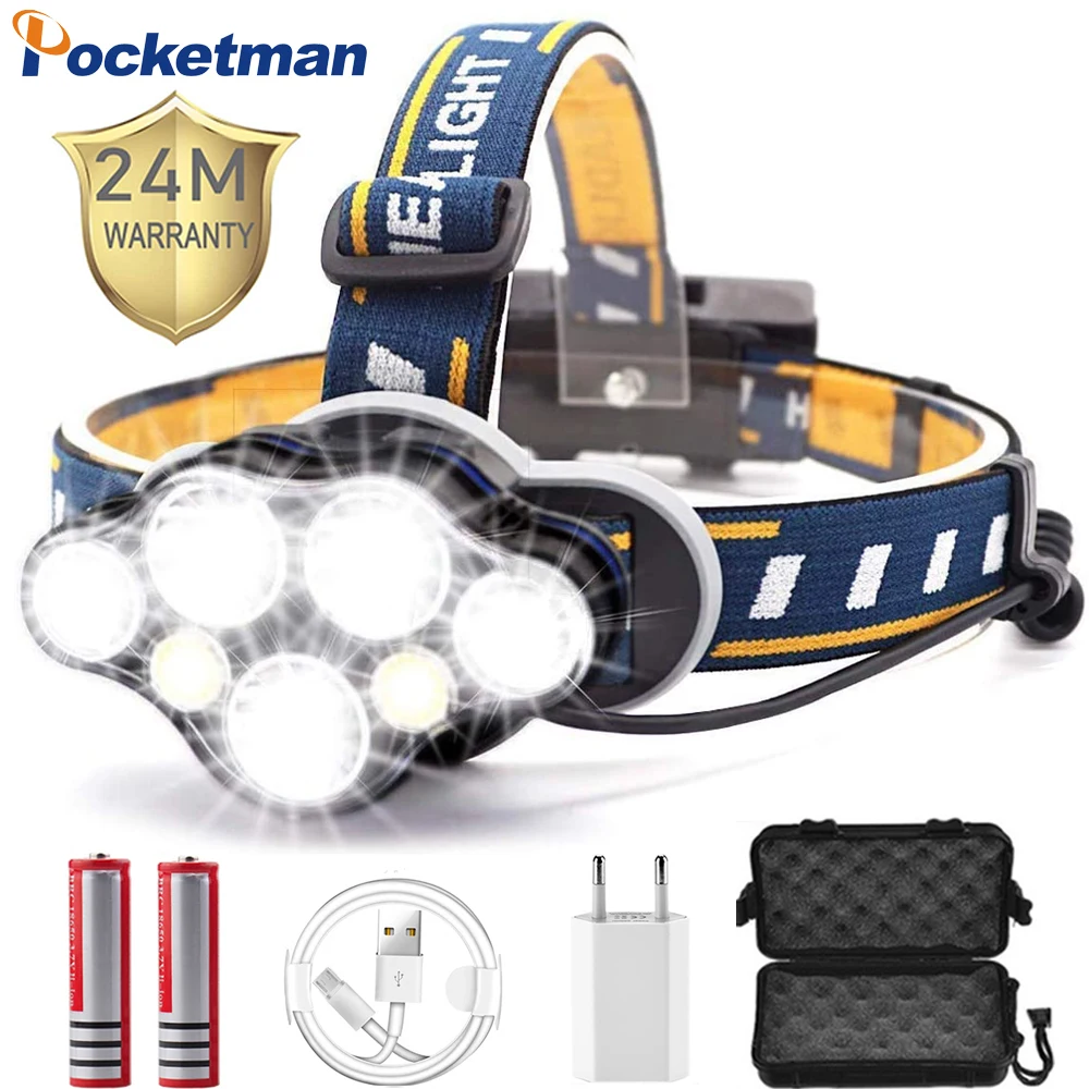 High Lumens Most Powerful Headlamp USB Rechargeable Head Lamp 7 LED Headlight Waterproof Head Flashlight Torch Lantern