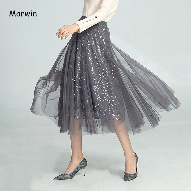 Marwin New-Coming Autumn Winter High Street Europen Style Women Skirts High Elastic Quality Sequin Christmas Women Skirts