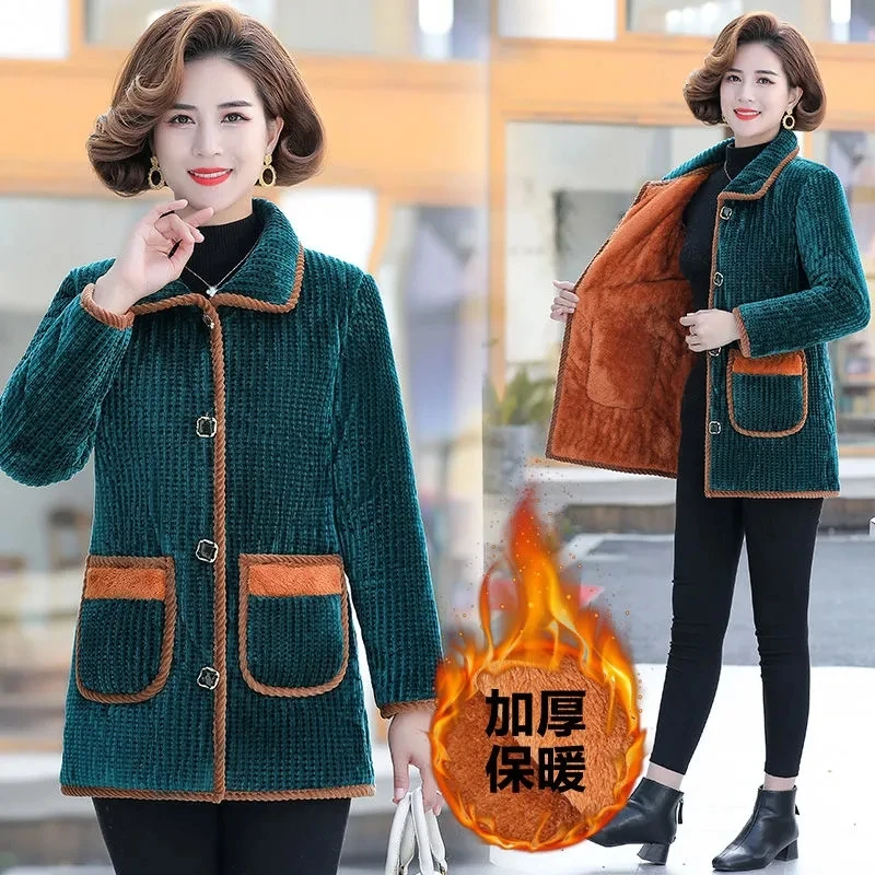 

2022 New Fleece Thickening Winter Cotton Coat Middle-Aged And Elderly Women's Cotton-Padded Clothes Mother Wear Lapel Jackets Q5