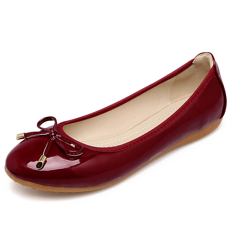 2023 new spring shallow mouth shoes women flat bottom wild bow patent leather scoop shoes round red wedding shoes large WSH2511