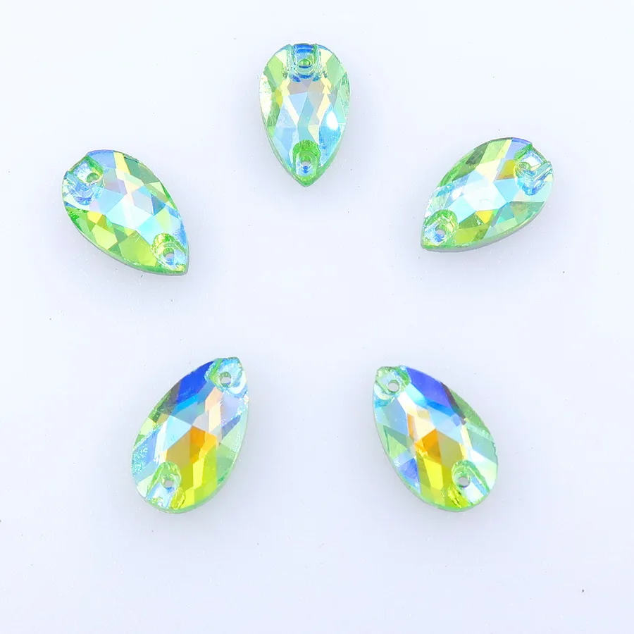 AB Farben Schlanke Wassertropfenform Glaskristalle mit Flacher Rückseite Zwei Löcher 5 Größen Kristalle zum Aufnähen auf Kleidung Schuhe Hochzeitskleid DIY – Detail 6