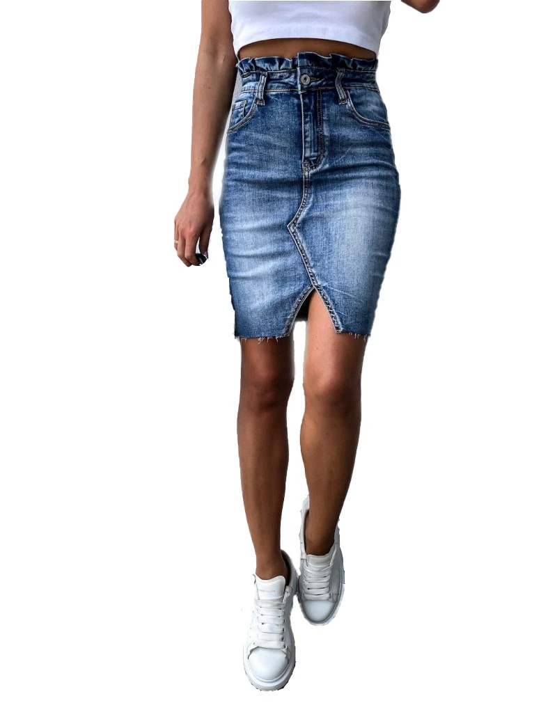 Casual High Waist Denim Skirt Ruffle Light Wash Women Distressed Mini Pencil Skirt ladies Sexy Ripped Summer Vintage Jeans Skirt