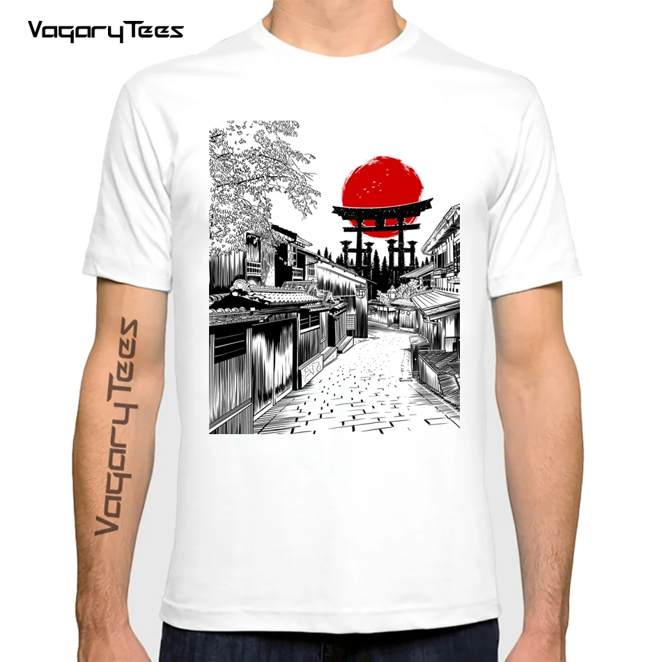 Japanese Vintage Sunset Style Sketch Street Japan Torii print homme casual Harajuku funny t shirt unisex streetwear