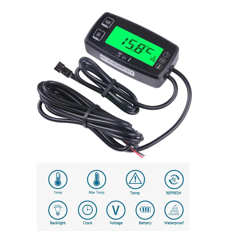 3 in 1 TEMP METER Thermometer Voltmeter ClockTemperature Sensor Voltage Meter for Pit Bike Motorcycle Snowmobile Atv Boat Oil