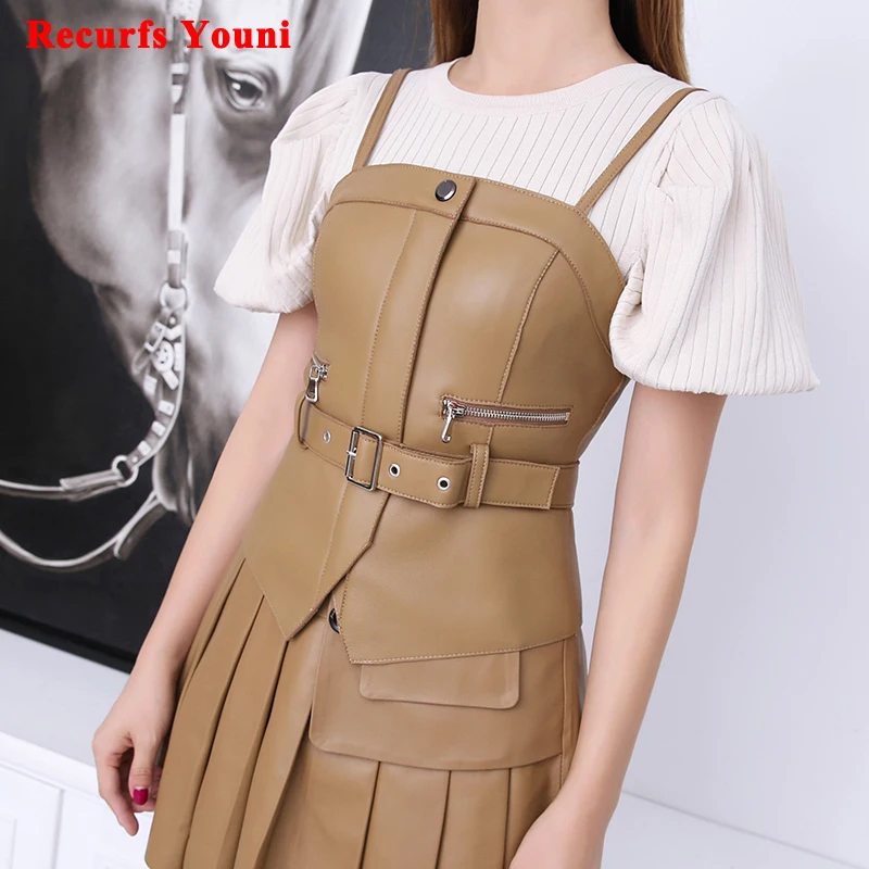 

Winter Genuine Leather Clothing Women Motorcycle Style Gilet Personality Camisole Waistcoat Female Locomotiv Zip Belt Short Vest