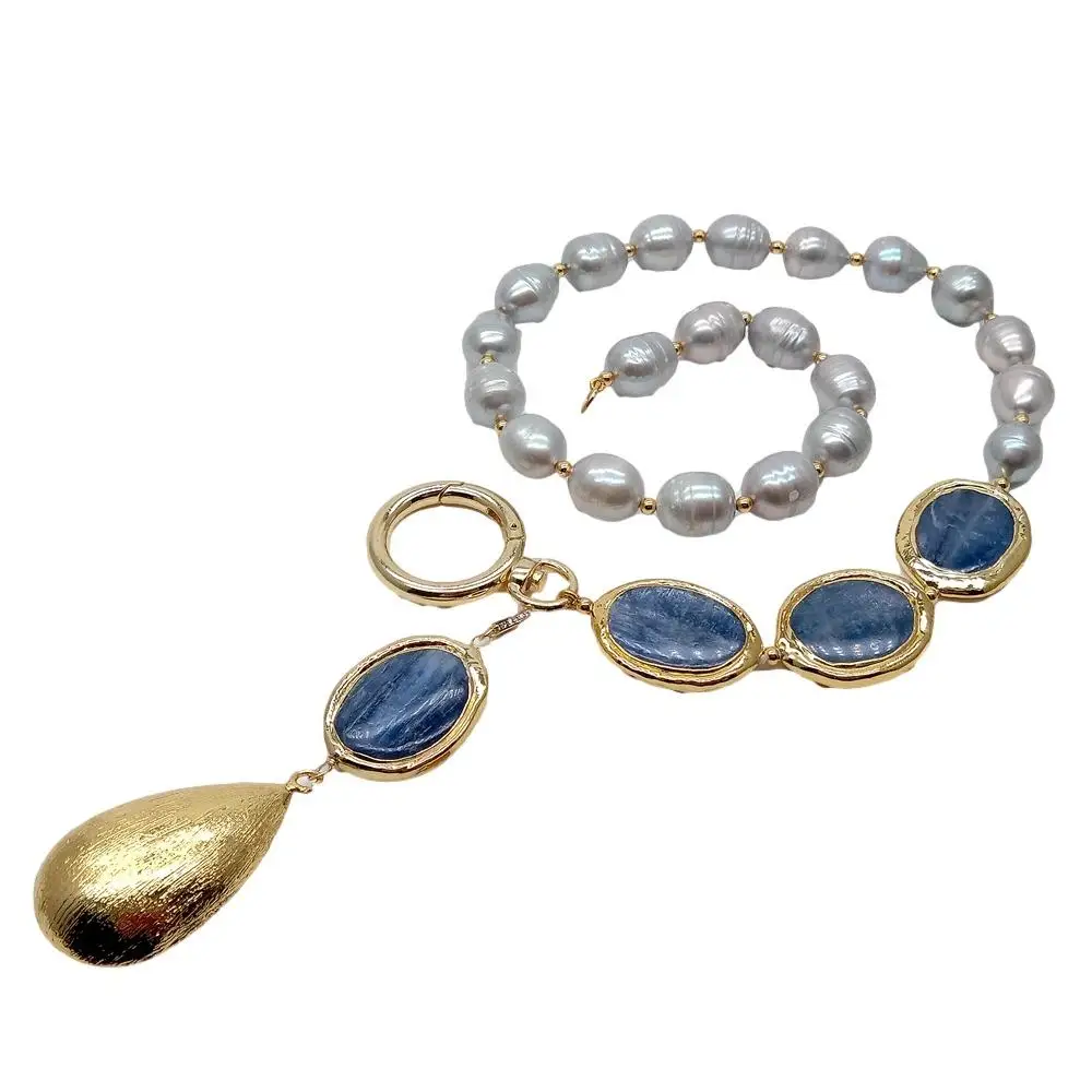 Y·YING  Natural Freshwater Cultured Gray Rice Pearl Oval Blue Kyanites Y Design Pendant Necklace 19