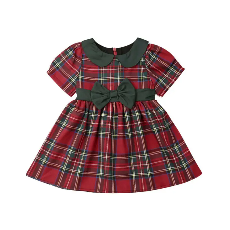 Baby Girls Cute Christmas Dress Double Bow Plaid Party Dresses For Girls Toddler Kids Princess Short Sleeve Girls Vestido