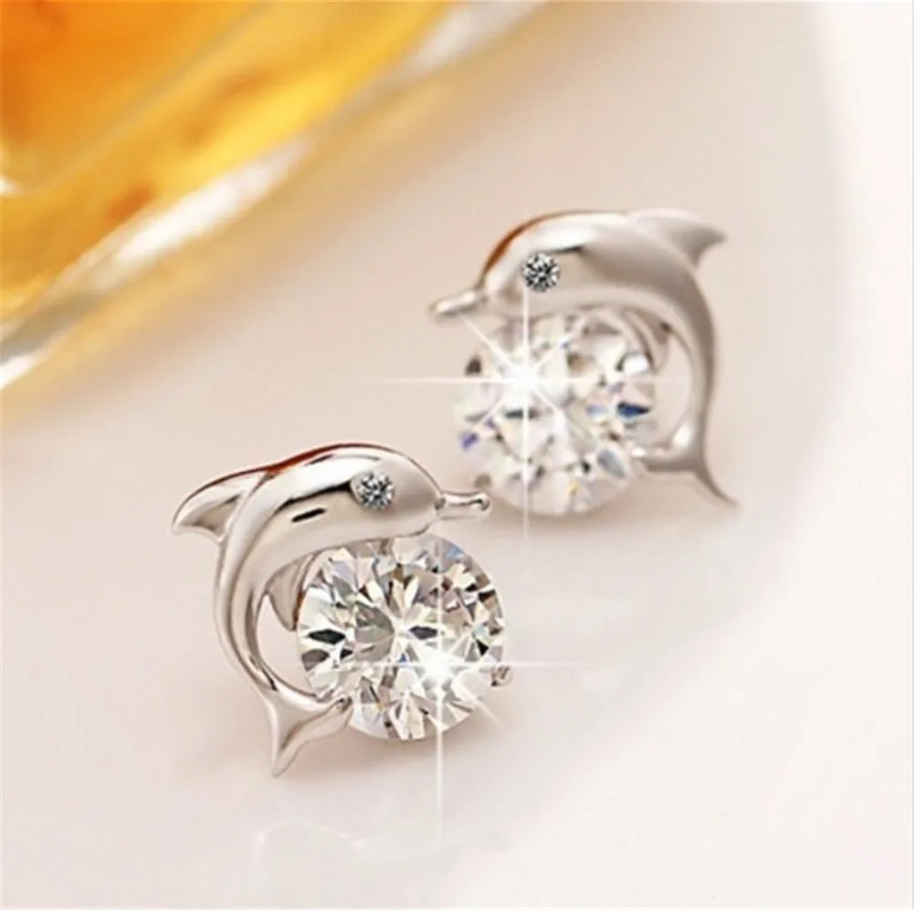 Exquisite Cute Romantic Dolphin Love Stud Earrings For Women 925 Stering Silver Jewelry Round Cut AAA Zircon Brinco Bijoux