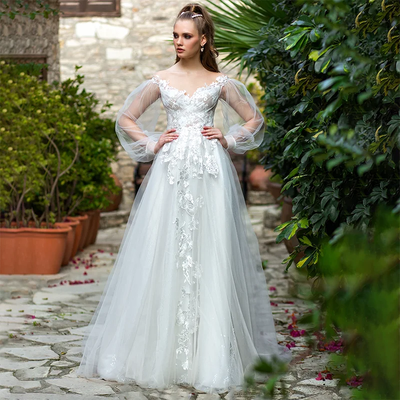 Gaun Pengantin Ruched Lengan Panjang Gembung Off Shoulder Buatan Khusus Renda Gemerlapan Tulle A Line Mutiara Ukuran Besar Gaun Pengantin Berlipat