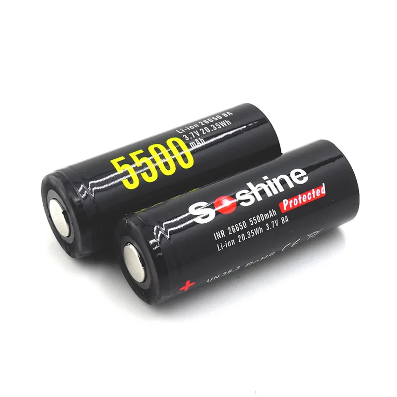 Soshine 5500mAh 3.7V 26650 Rechargeable Battery Li-ion Lithium Battery with Protected PCB