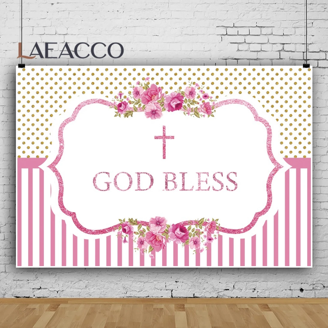 

Laeacco Pink Red Gold Dots Stripes God Bless You Flowers Cross Baby Shower Customized Poster Photo Background Photo Backdrop