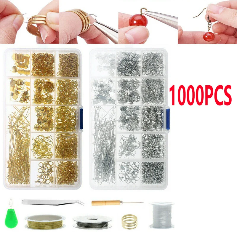 

1000pcs Gold Silver 15 Grid Gold Boxed DIY Jewelry Kit Wall Mount Screw Jewelry Making Earrings Bracelets and Necklace Repair