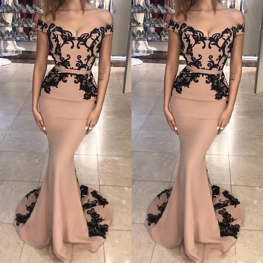 Off Shoulder Black Applique Long Mermaid Evening Dresses 2020 Sexy Prom Party Wear Evening Gowns robe de soriee