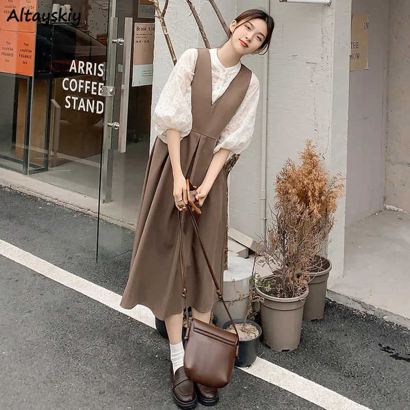 V-neck Sleeveless Dresses Women Retro Pleated Dress Leisure Loose All-match Japanese Style Ulzzang Simple Autumn New Streetwear