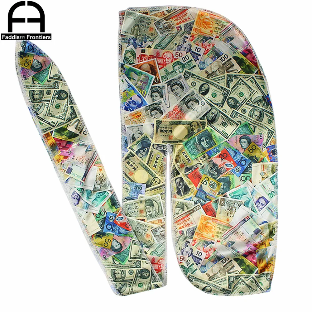 Custom Money Men Silk Durag Bandanas for Men Turban Hat Headwrap Wave Cap Long Tail Silky Durags