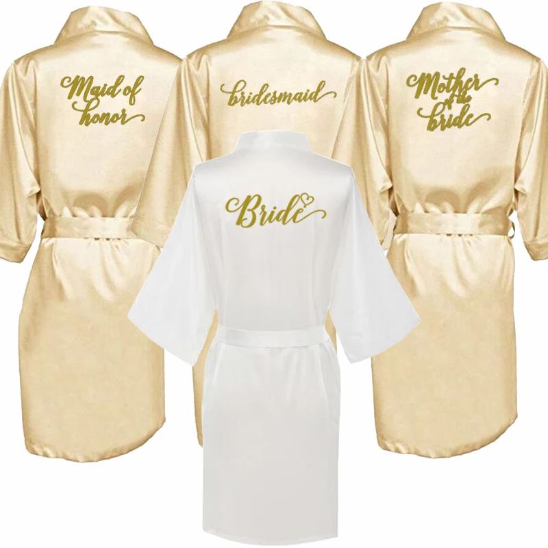 champagne gold robe with gold writing bridal shower party mother of the groom robe bride women cape satin robes