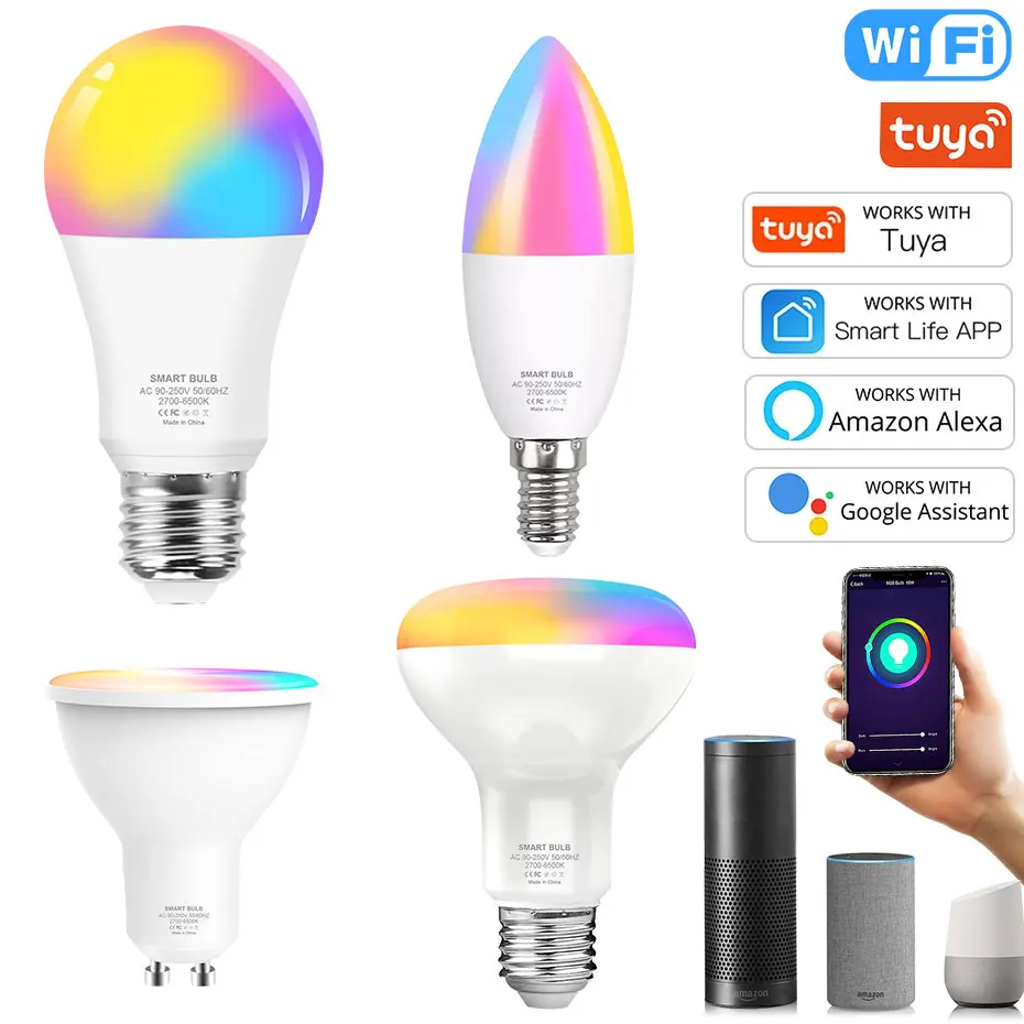 85-265V Tuya Smart LED Light Bulb RGBWW Dimmable Magic Bulbs E27/E14/GU10 LED RGB Lamp 8W/12W/15W Work with Alexa Google Home