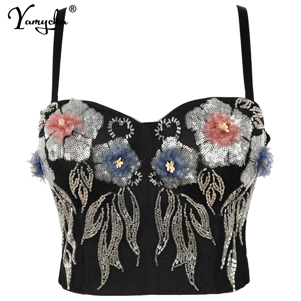 

Sexy halter Floral Rhinestone summer corset crop top women bustier hotwife rave outfit club party y2k tank top womens tube tops