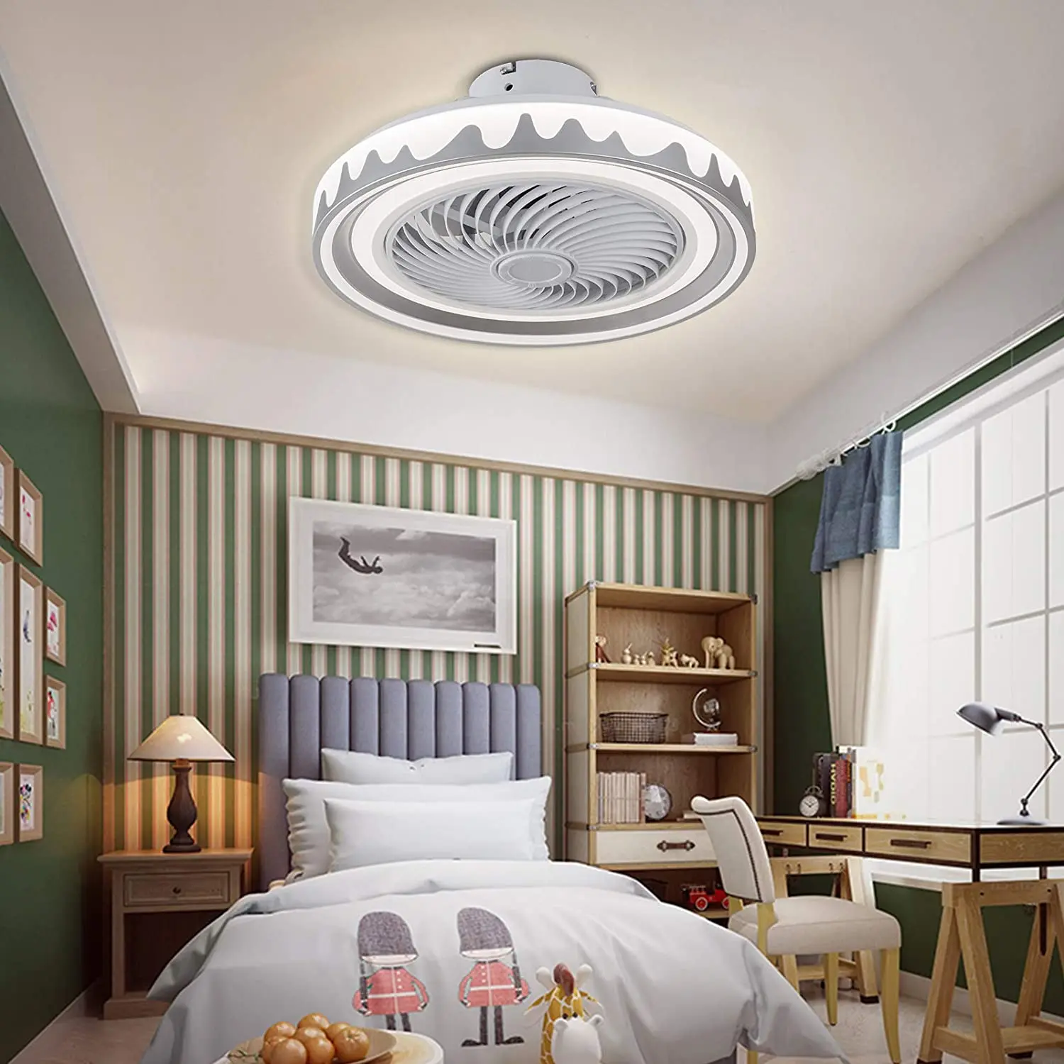 OUKANING 20 Inch Semi Flush Mount Ceiling Fan Light 3 Speed Setting LED Chandelier with Remote Controller for Home Decoration