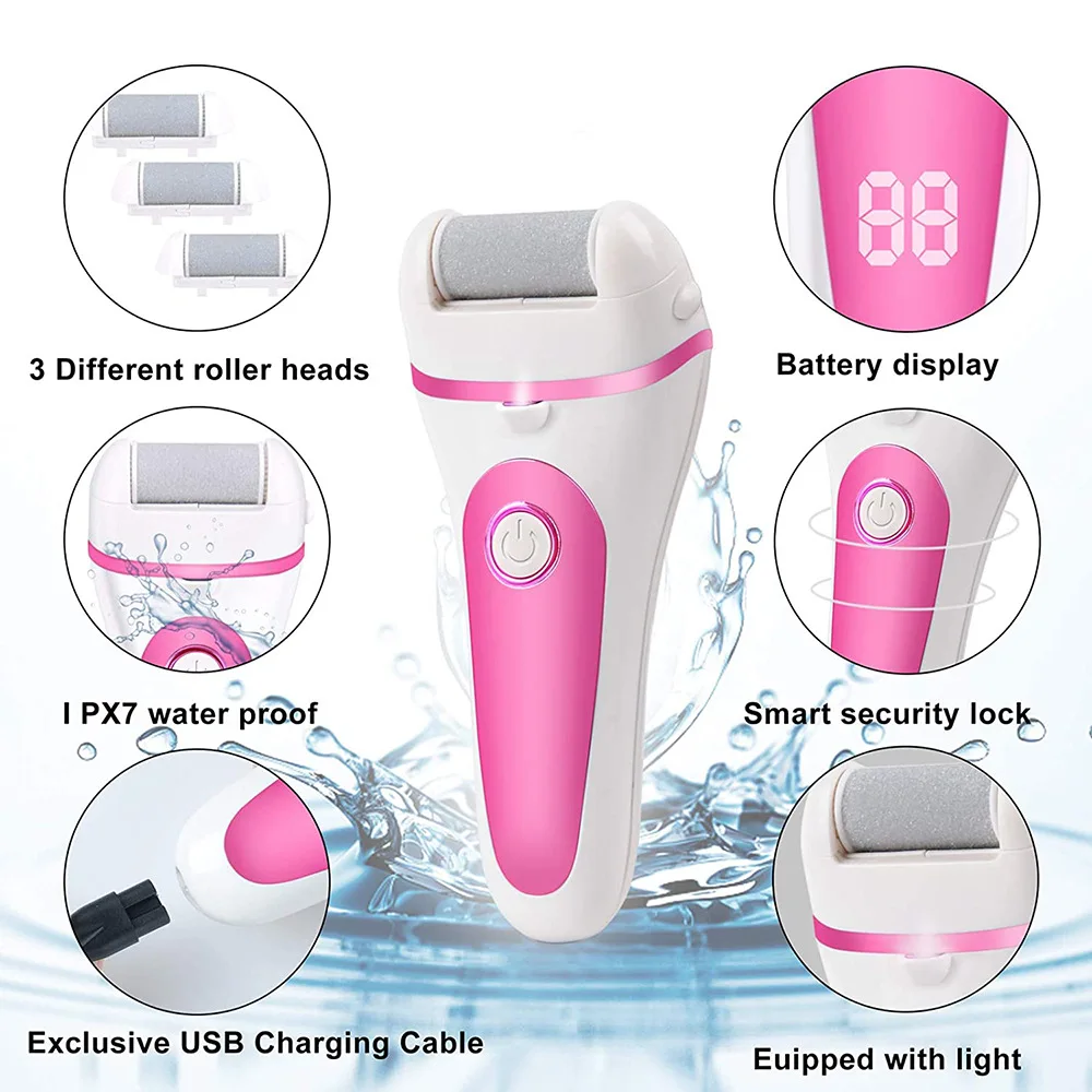 Electric Foot File Callus Rasp USB Rechargeable With 3 Rollers 2 Speed Waterproof Electric Feet File For Pedicure Foot Care Pink