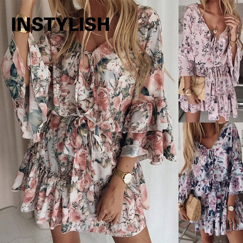 Elegant Floral Print A Line Dress Summer Bohemian V Neck Ruffles Chiffon Dress Women Casual Beach Party Mini Dress Oversized 2XL