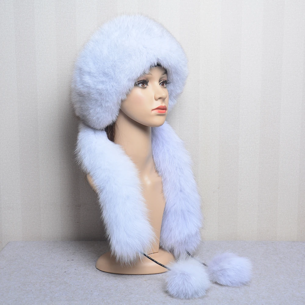 Women’s Winter Hat With Fox Fur Surround Can Be Used As a Scarf Women Russian Aviator Trapper fox Fur Rex Rabbit Fur Bomber Hat