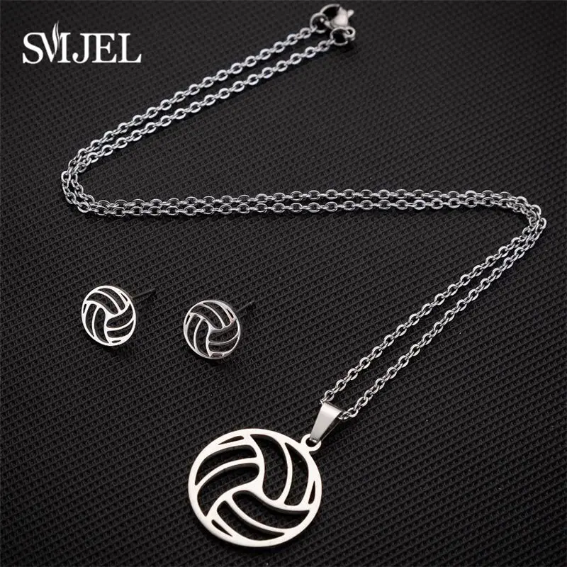 Stainless Steel Volleyball Jewelry Set for Women Minimalist Hollow Ball Shape Necklace Earrings Triangle Accessories Club Gifts