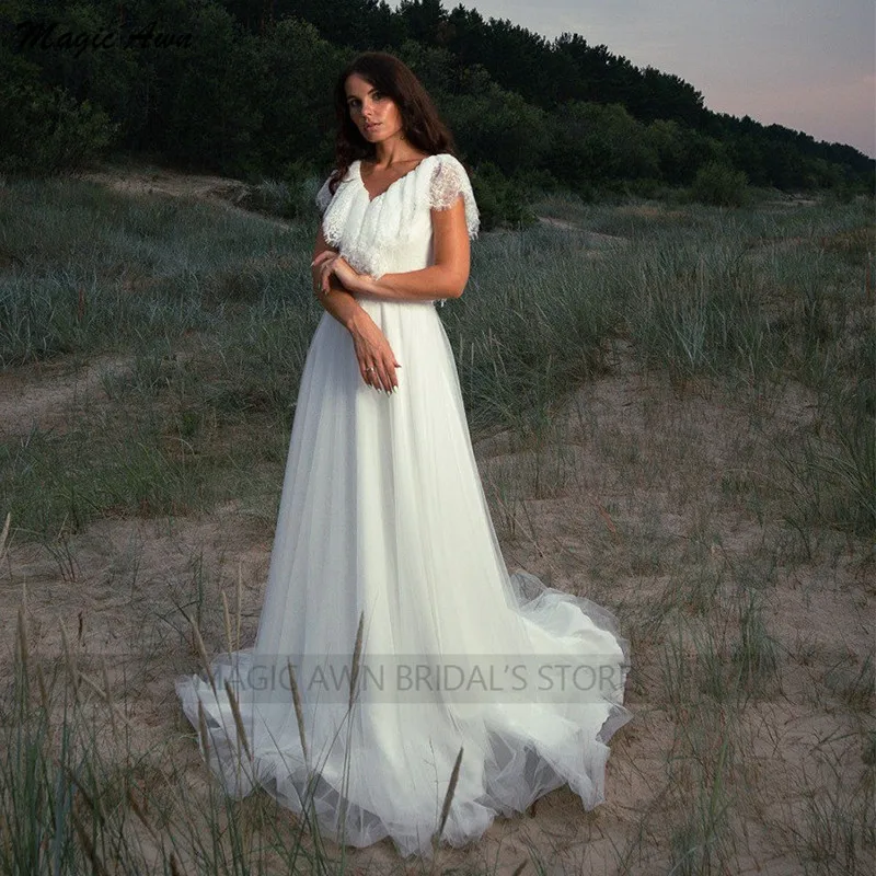 Magic Awn-vestidos de boda bohemios para mujer, Apliques de encaje con cuello en V, tul de estilo campestre, corte en A, Abito Da Sposa, 2022